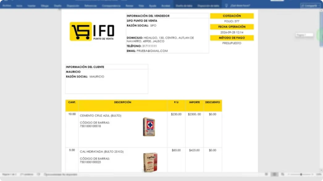 Cotización en PDF generada por SIFO Punto de Venta con datos del vendedor y del cliente, bultos de cemento y cal hidratada con código de barras, foto, precio e importe