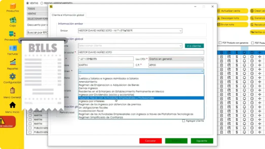 Captura de datos fiscales para facturar en SIFO Punto de Venta: emisor, RFC del receptor, uso del CFDI Gastos en general, código postal y lista de regímenes fiscales del SAT