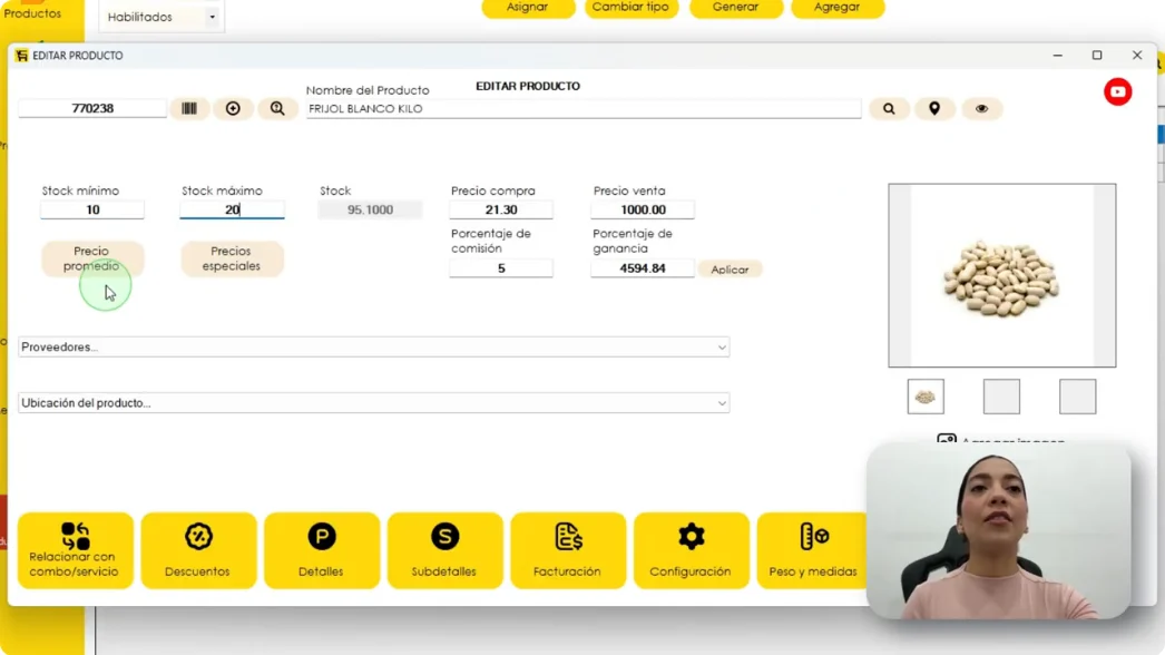 Edición de un producto en SIFO Punto de Venta 2026: stock mínimo y máximo, precio de compra y de venta, porcentaje de ganancia, precios especiales y foto del producto