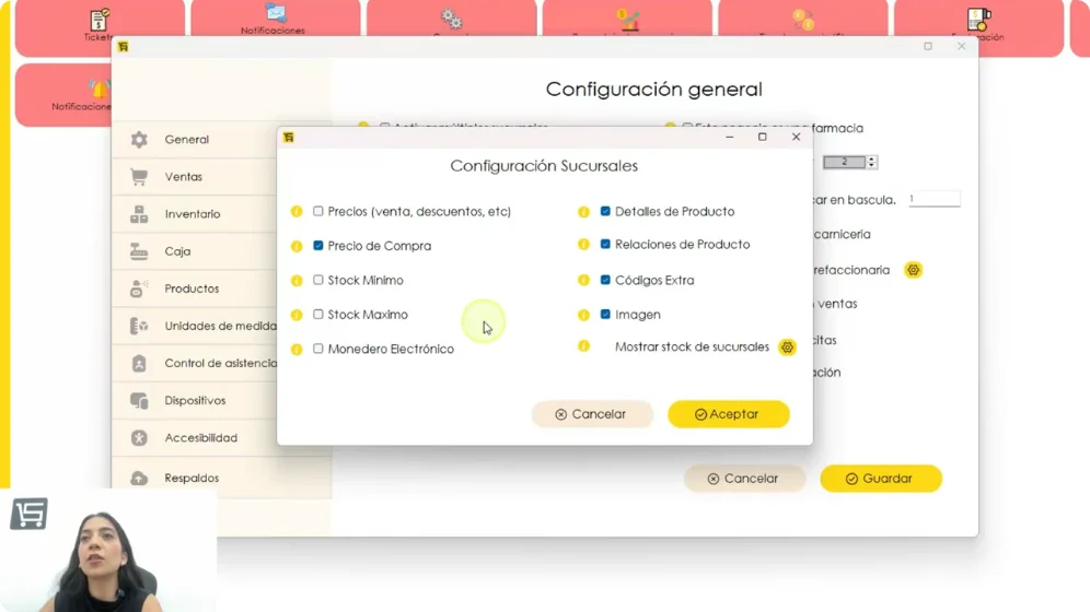 Configuración de sucursales en SIFO Punto de Venta: casillas para compartir con la matriz precios, precio de compra, stock mínimo y máximo, monedero, detalles, imagen y stock de sucursales