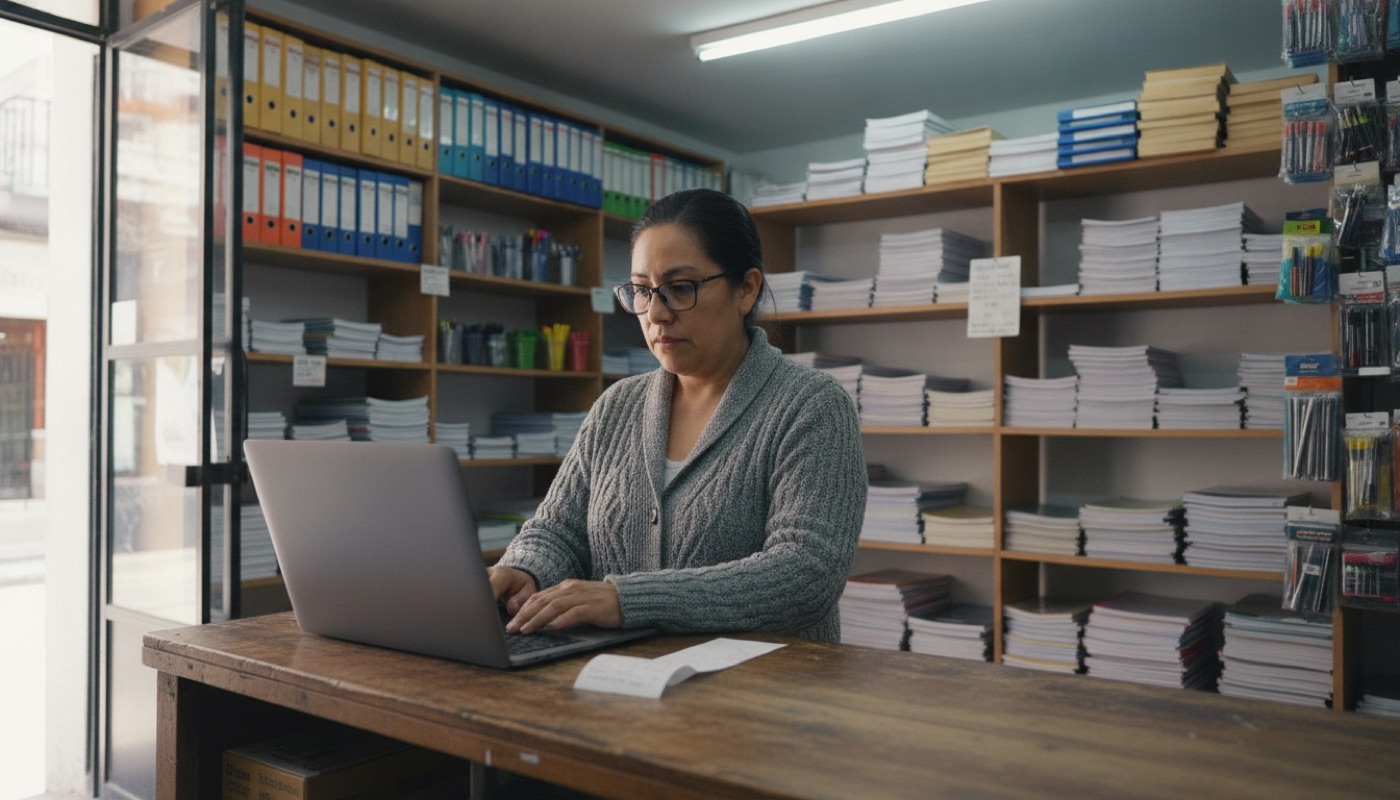 Dueña de una papelería emitiendo una factura en su sistema