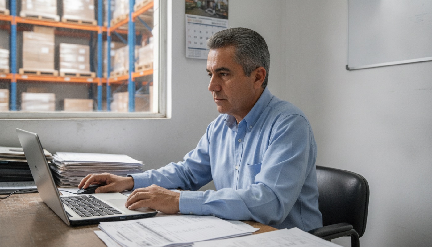 Dueño de una distribuidora revisando ventas e inventario en su oficina