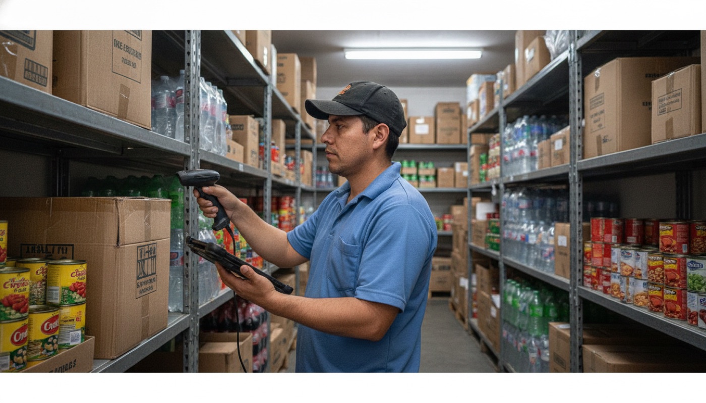 Encargado de bodega escaneando cajas de inventario