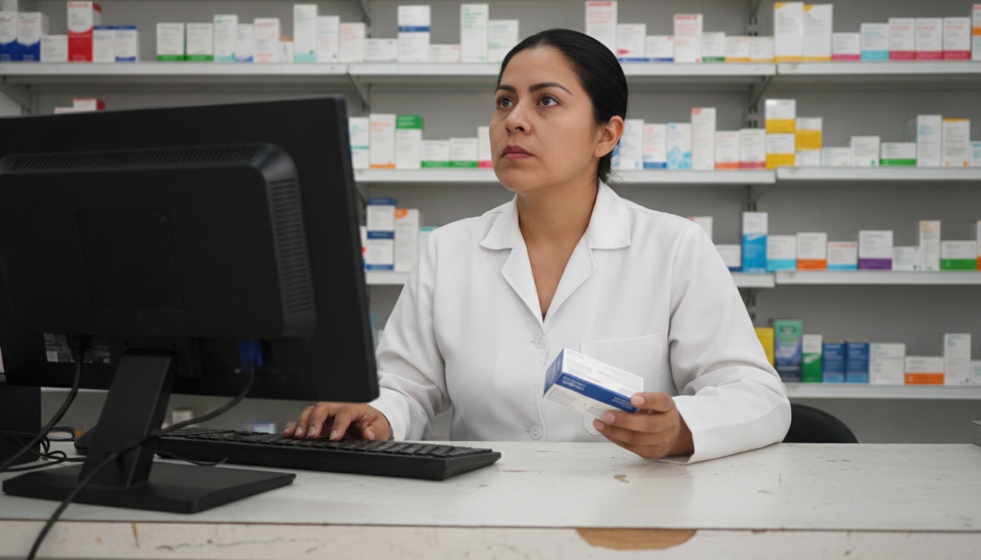 Empleada de farmacia consultando un medicamento en el punto de venta