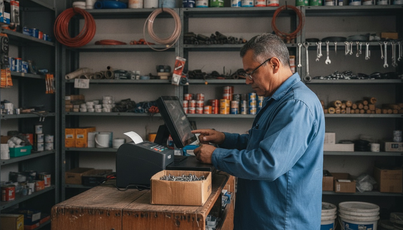 Dueño de una ferretería registrando una venta en su terminal de punto de venta