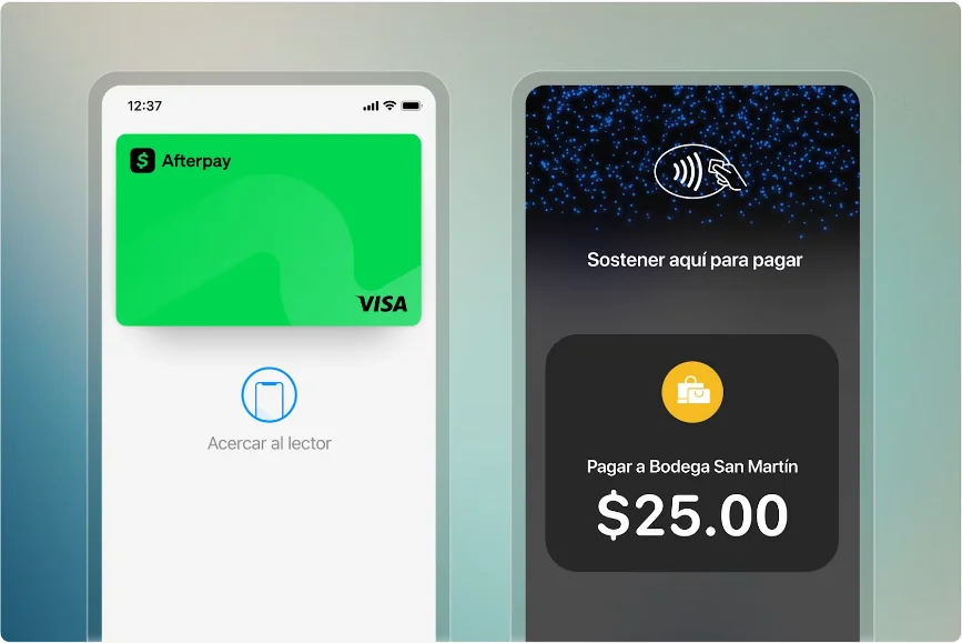 Cobro con Square en un celular con la indicación Acercar al lector y la pantalla del cliente para pagar con tarjeta sin contacto