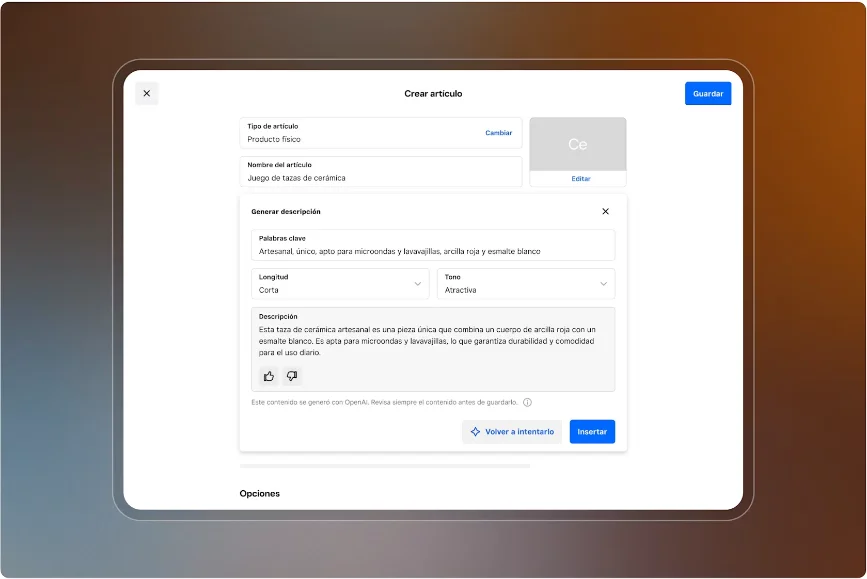 Pantalla Crear artículo de Square con nombre, precio y una descripción generada con inteligencia artificial