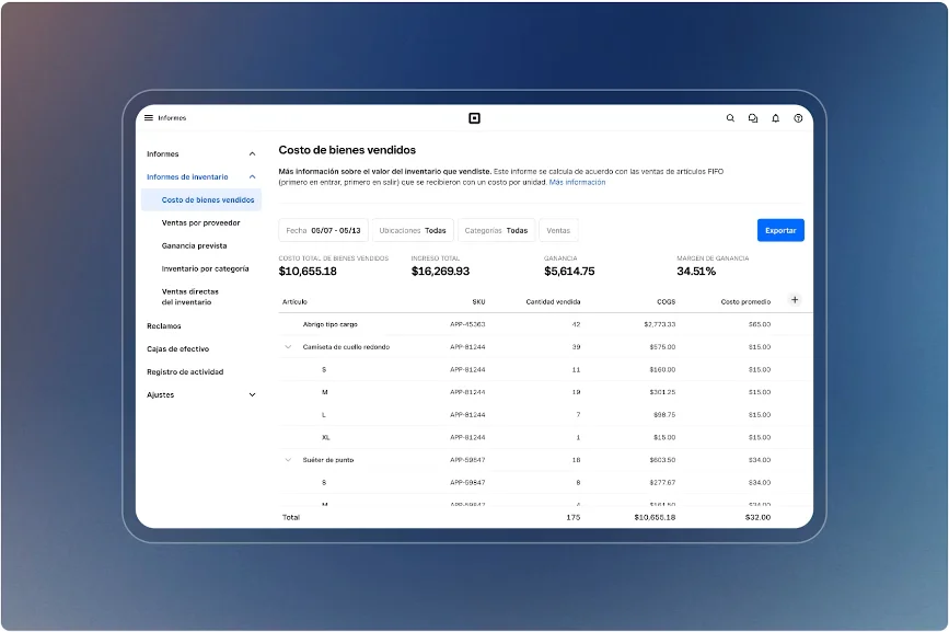 Informe de costo de bienes vendidos de Square con ventas por proveedor, ganancia prevista, margen y variantes por talla