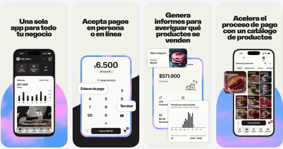 Cuatro pantallas promocionales de la app SumUp Business: inicio con informes de ventas, cobro con teclado numérico y enlaces de pago, informes de productos más vendidos y catálogo de productos