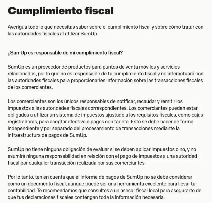 Artículo Cumplimiento fiscal de la ayuda de SumUp México donde dice que SumUp no es responsable del cumplimiento fiscal del comercio y que su informe de pagos no es un documento fiscal