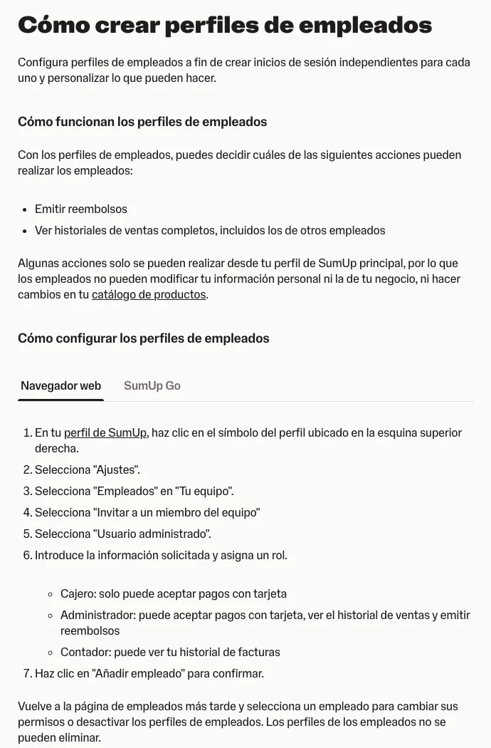 Artículo de la ayuda de SumUp México sobre perfiles de empleados con los roles Cajero, Administrador y Contador y los pasos para crearlos desde el navegador
