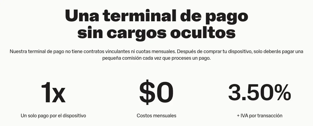 Sección de precios del sitio de SumUp México: un solo pago por el dispositivo, cero costos mensuales y 3.50% más IVA por transacción