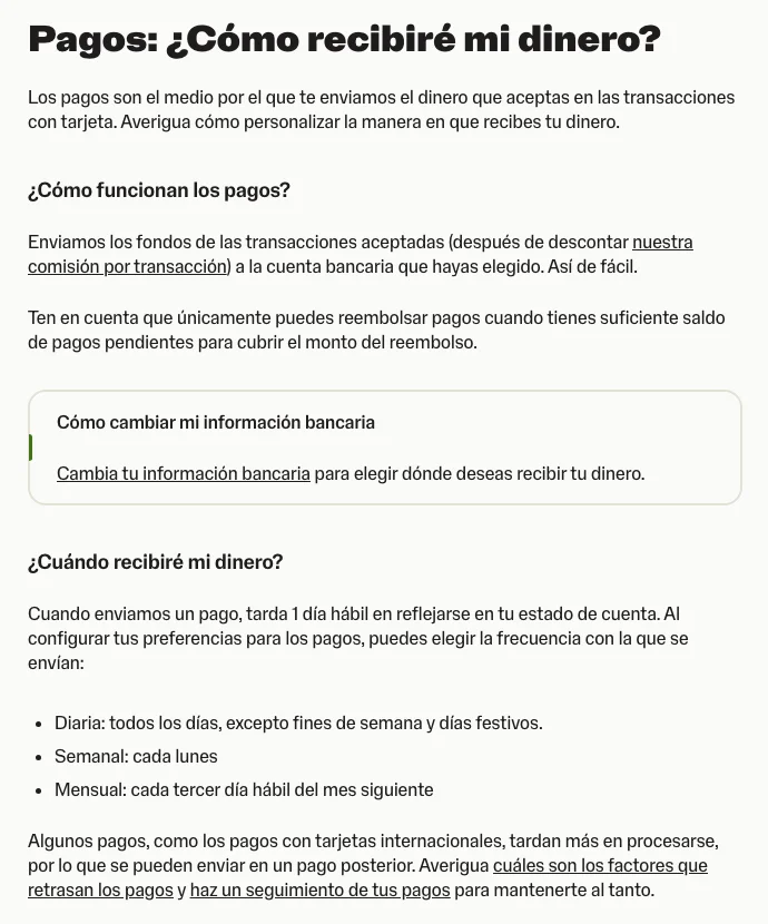 Artículo de la ayuda de SumUp México que explica que el pago tarda 1 día hábil en reflejarse y que la frecuencia puede ser diaria, semanal o mensual
