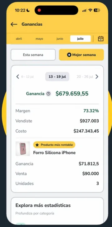 Pantalla Ganancias de la app de Treinta en el celular con la ganancia de la semana, el margen, lo vendido, el costo y el producto más rentable