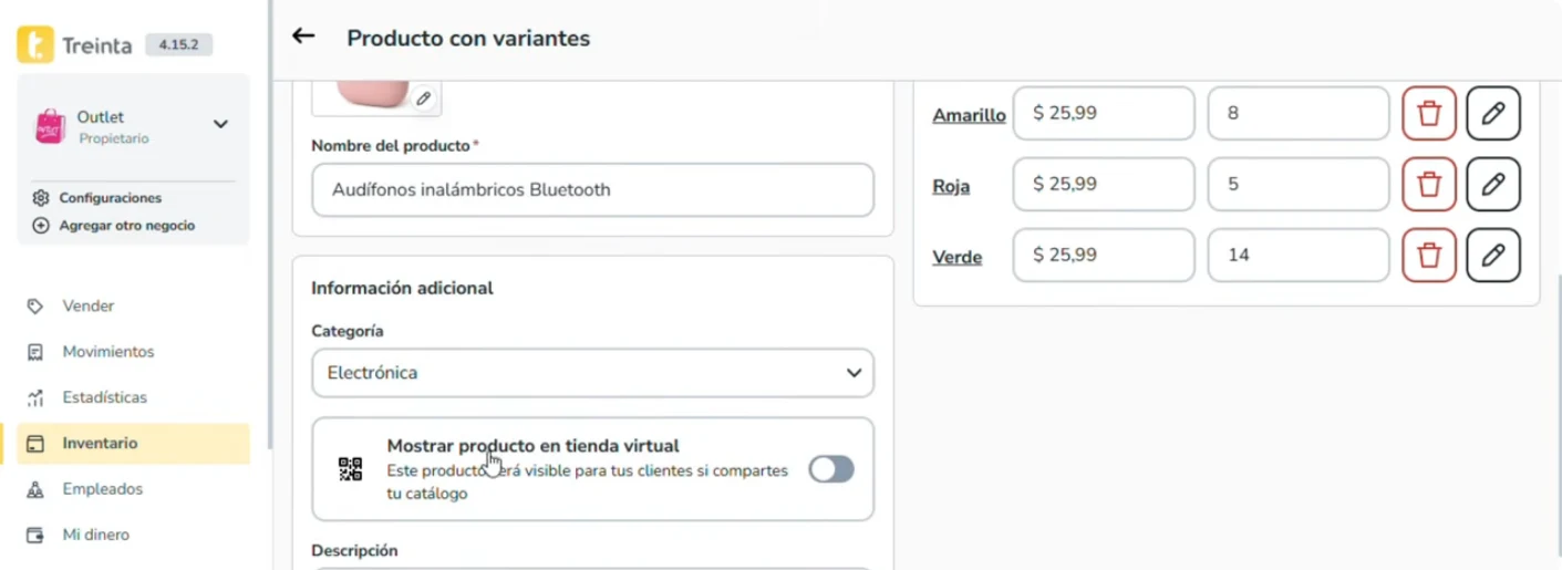 Edición de un producto con variantes en Treinta Web: cada color con su propio precio y existencia, la categoría y el interruptor Mostrar producto en tienda virtual
