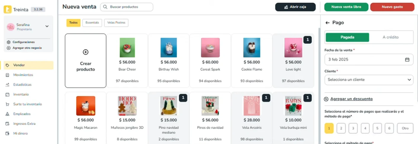 Pantalla Nueva venta de Treinta Web con el catálogo de productos y las unidades disponibles de cada uno, y el panel de pago con las opciones Pagada o A crédito, fecha de la venta, cliente y descuento