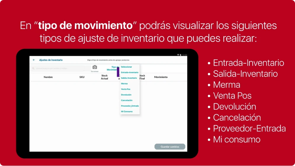 Ajuste de inventario en la tableta Yomp con los tipos de movimiento: entrada, salida, merma, venta, devolución, cancelación, entrada de proveedor y consumo propio