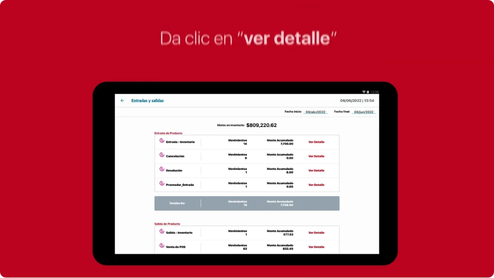 Reporte de entradas y salidas de dinero en la tableta Yomp con el detalle de cada movimiento de caja