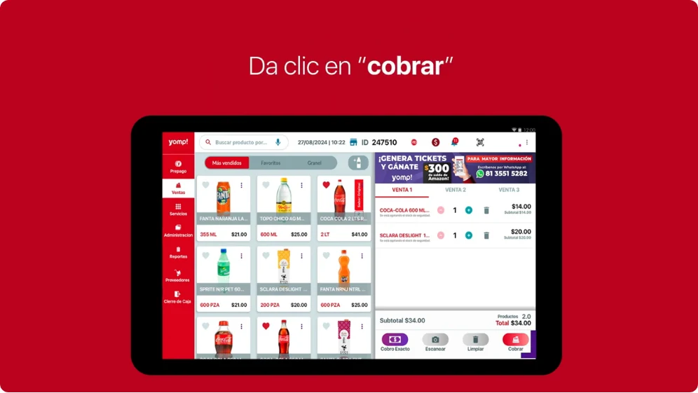 Pantalla de venta de la tableta Yomp con productos con foto y precio, tres ventas abiertas, botones de cobro exacto, escanear y cobrar, y menú de prepago, servicios, reportes, proveedores y cierre de caja