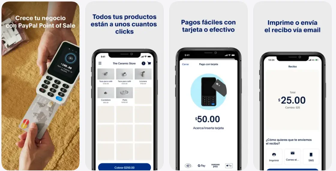 Cuatro imágenes promocionales de la app PayPal POS: el lector de tarjetas en la mano, el catálogo de productos en botones, el cobro con tarjeta o efectivo y el envío del recibo por correo o impreso