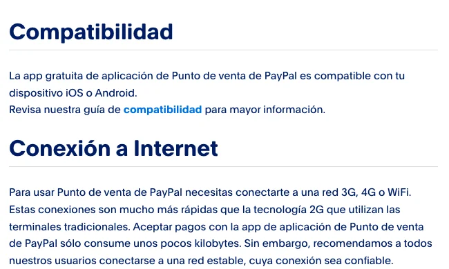 Ayuda de Punto de venta de PayPal México: la app necesita conectarse a una red 3G, 4G o WiFi