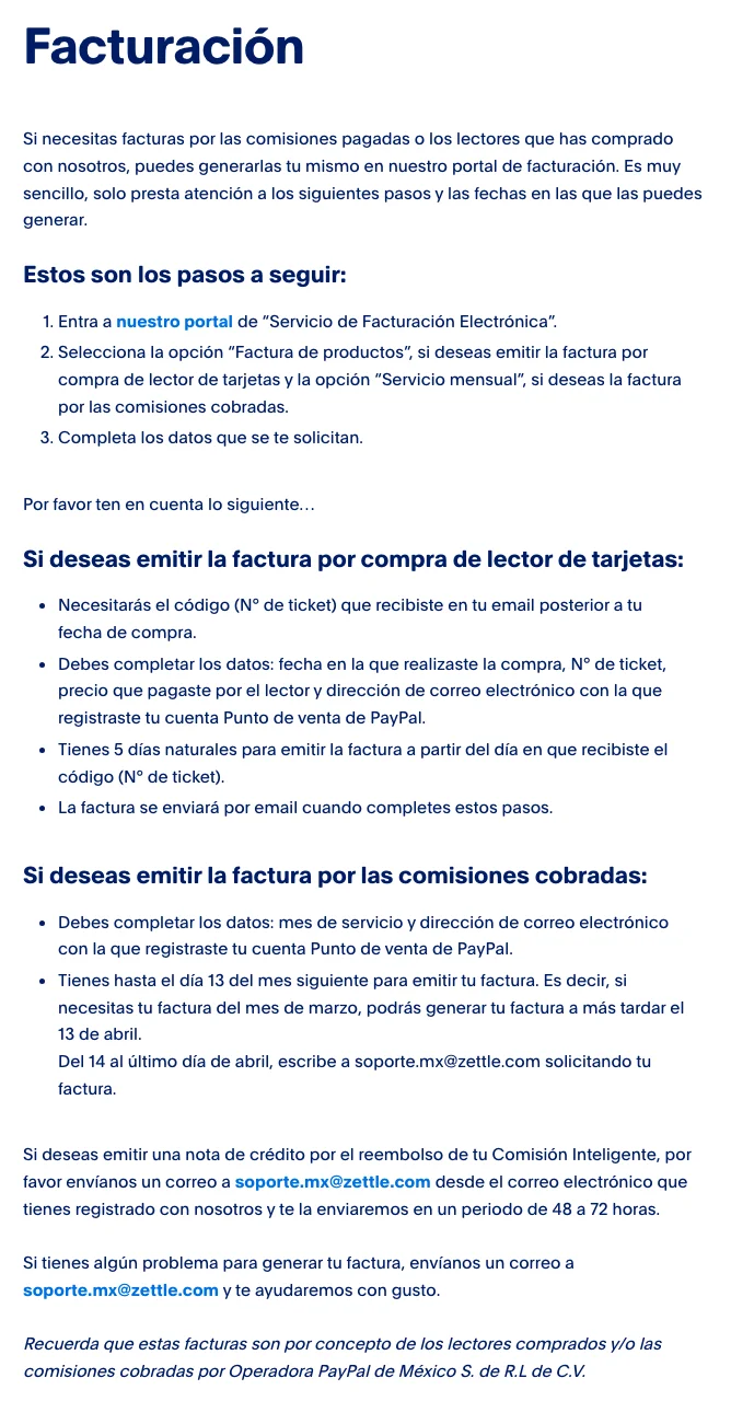 Artículo Facturación de la ayuda de Zettle México que explica cómo pedir las facturas por la compra del lector y por las comisiones cobradas