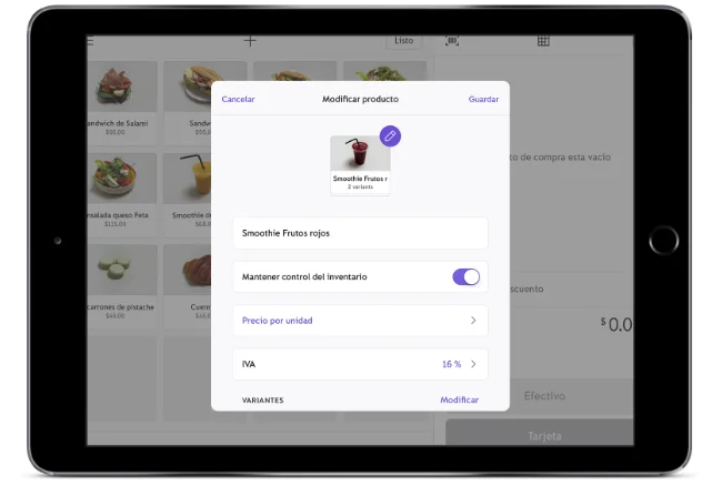 Pantalla Modificar producto de la app Punto de venta de PayPal en un iPad con el interruptor Mantener control del inventario, el precio por unidad, el IVA de 16% y las variantes