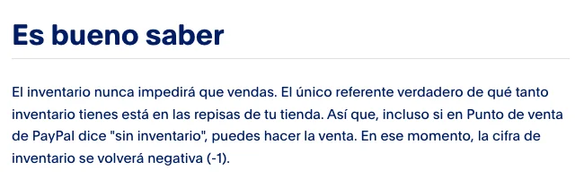 Texto de la ayuda de Punto de venta de PayPal México: el inventario nunca impedirá que vendas y la cifra puede quedar en negativo