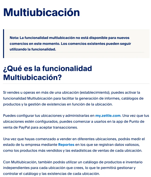 Artículo Multiubicación de la ayuda de Zettle México con la nota de que la funcionalidad no está disponible para nuevos comercios