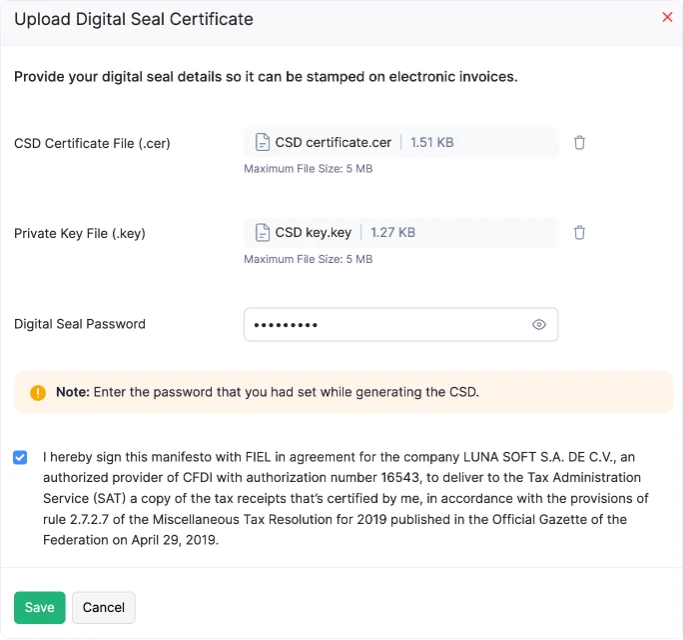 Carga del certificado de sello digital en Zoho Inventory edición México: archivos .cer y .key, contraseña y manifiesto firmado con el PAC Luna Soft