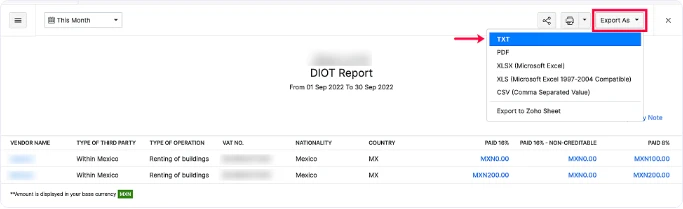 Reporte DIOT de Zoho Inventory edición México con la opción de exportarlo en TXT para el SAT