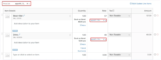 Orden de venta en Zoho Inventory con la existencia disponible de cada artículo y una lista de precios aplicada a los renglones