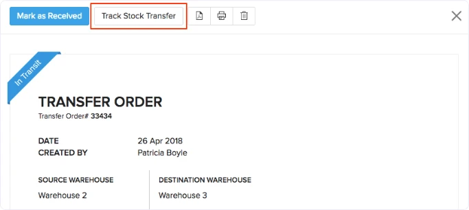 Orden de traspaso de inventario entre dos almacenes en Zoho Inventory, con estado en tránsito